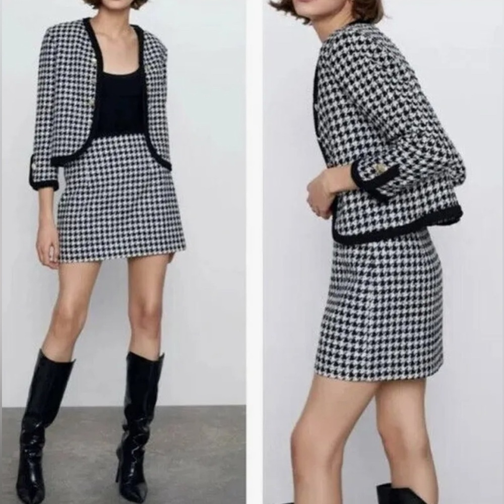 ZARA Blogger Favorite Black White Houndstooth Cropped Blazer Jacket Large‎